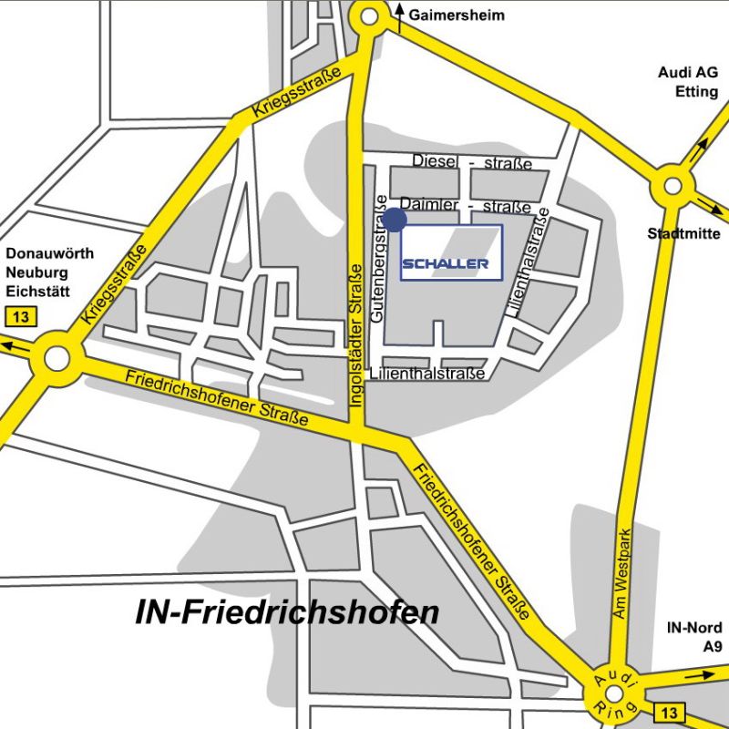 Anfahrtsskizze: Schaller an der Ecke Daimlerstraße und Gutenbergstraße im Gewerbegebiet Gaimersheim, nördlich von Ingolstadt-Friedrichshofen